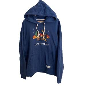 Life Is Good Camp Fire Guitar Dog Hoodie Mens XL Blue Pullover Camping Outdoors